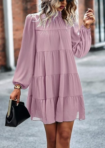 KIRUNDO Vestito donna manica lunga con volant finto collo a strati mini babydoll casual - Foto 3 di 7