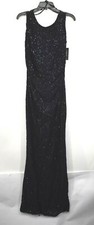 Onyx Nite Womens Navy Blue Floral Applique Sequin Boat-Neck Lace Long Gown 6