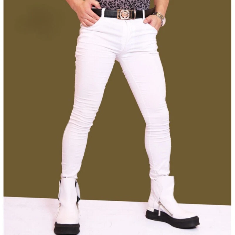 Gay Hommes Extensible Faux Jeans Leggings Fit Slim Étroit Crayon Pantalon Souple - Photo 2/4