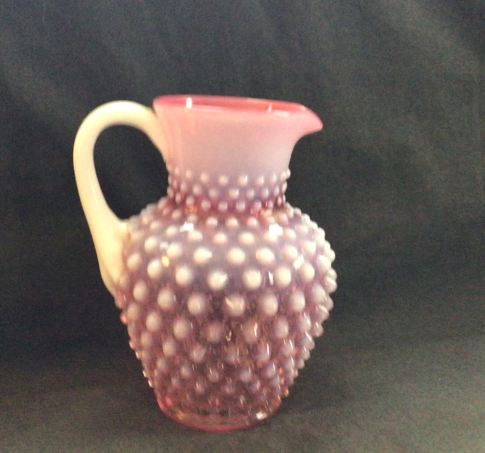 Rare Vintage Fenton Cranberry Hobnail Opalescent Hobnail Syrup Milk Glass Handle - Image 3 of 4