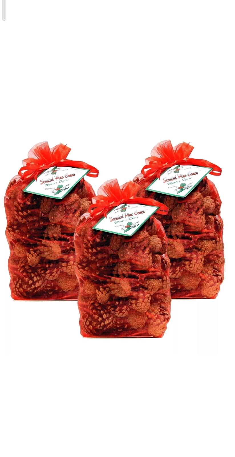 Milford Collection Winter Spice Scent pine Cone Home Aroma Red Organza Bag 3pack