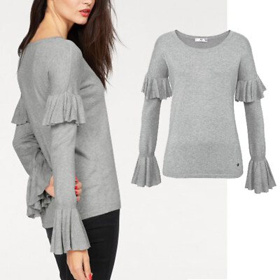 weicher Feinstrick PULLOVER GRAU mit Volants