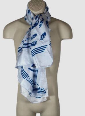 Alexander McQueen Men's White Blue Silk Cotton Logo Vortex Skull Scarf Wrap