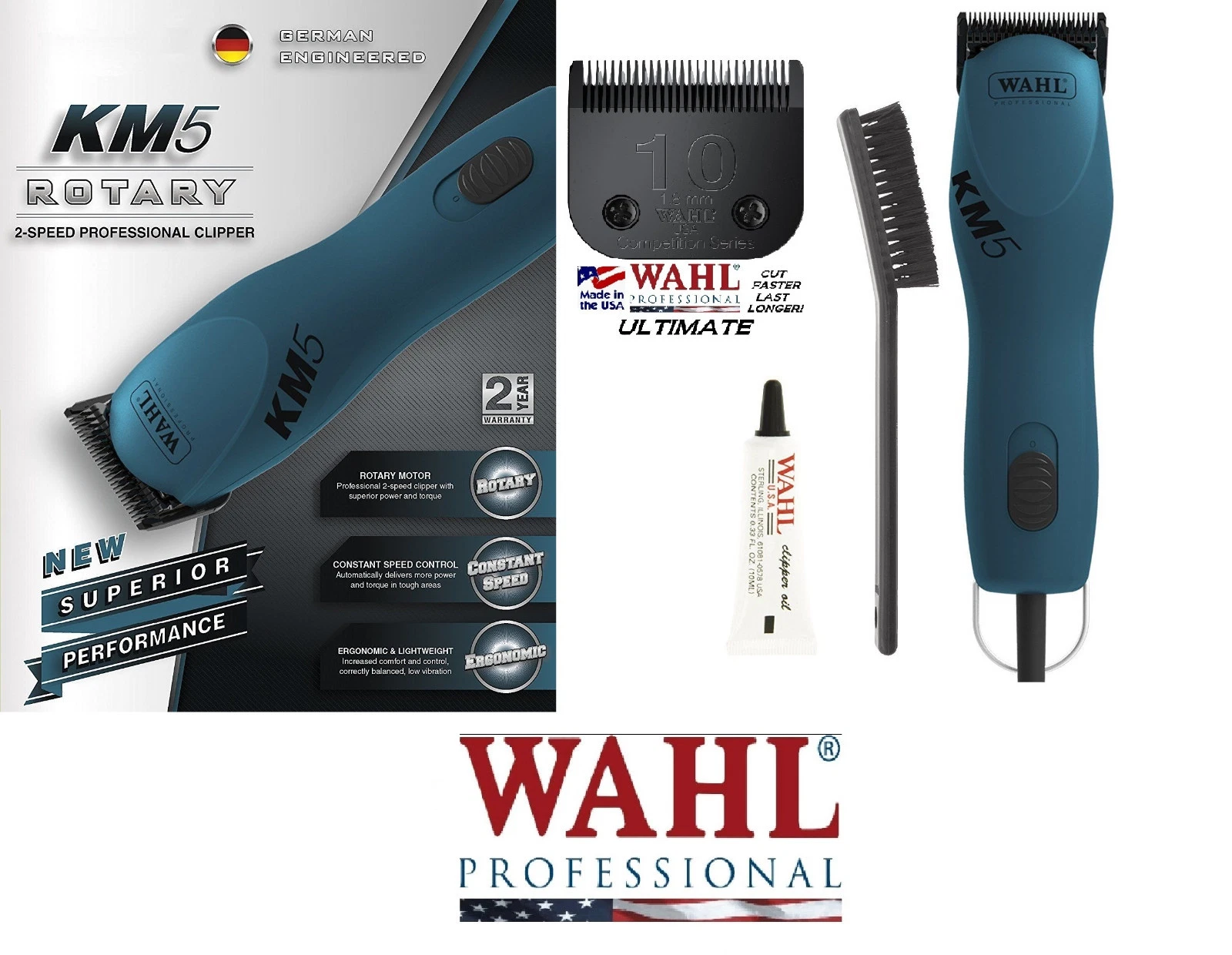 Wahl KM5 PRO 2-SPEED Pet Grooming SUPER DUTY Clipper SET & ULTIMATE 10 BLADE Set
Opens in a new wind