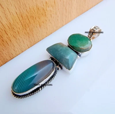 Green Botswana Agate With Aventurine Silver Plated 2.95″ Inch Handmade Pendent - Image 1 of 4