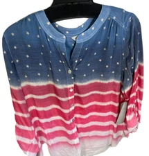 Multiples Blouse Petite Large Ladies Patriotic stars & stripes NWT $69
