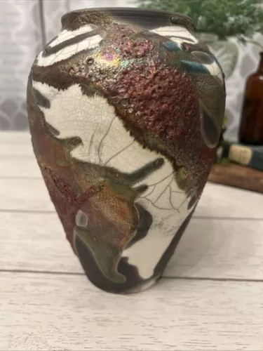 Signed Vintage Alex Long Raku Pottery Vase Mixed Glaze Cooper Teal Lava Perfect!