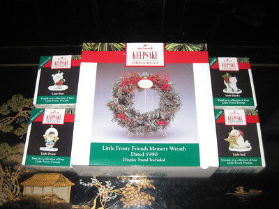 Set of Five 1990 Little Frosty Friends Memory Wreath & 4 Ornaments Hallmark