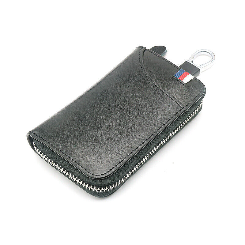 Leather Wallet Keychain Holder With Zipper Card Slot For Men Black-image