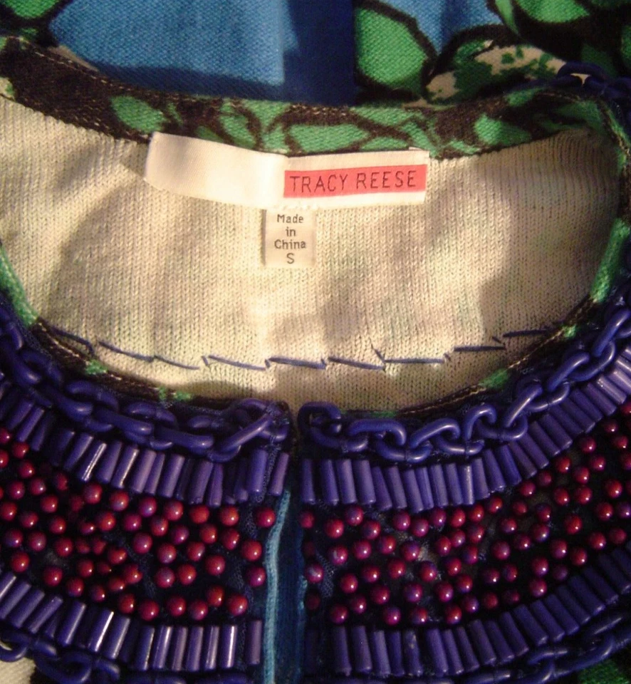Tracy Reese Beaded Cardigan Blue Green Floral Purple Beads LSlve Snap Front Sz S - Image 3 of 4