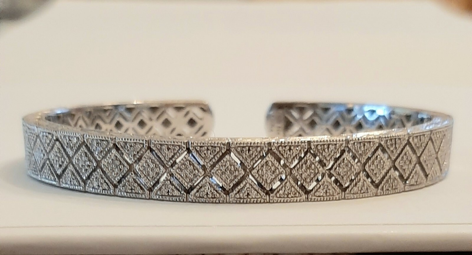 Sterling Silver Hinged Diamond Cuff Bracelet Sign… - image 1