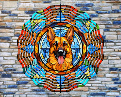 10'' Colorful German Shepherd Stained Glass Wind Spinner Yard 3D Aluminum rws-200