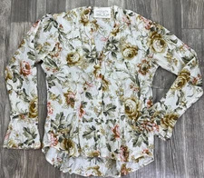 Hackwith Design House Floral Button Up Blouse Bell Sleeve V Neck Small Peplum