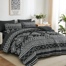 King Size Comforter Set, 7 Pieces Boho Bed in a Bag, Black Bedding Set for All S
