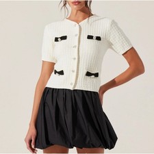 ASTR The Label Cream Textured Knit Button Up Short Slv Cardigan Bows Rhinestones