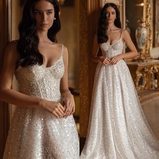 Luxury A-line Wedding Dress Spaghetti Strap Sequin Corset Sweetheart Bridal Gown