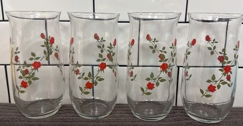 VTG Anchor Hocking Red Climbing Rose Vine MCM Glass Set of 4 Tumblers 6” NICE
