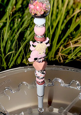 Handmade Pink Cow Beaded Pen Floral Globe Top/Extended Rod Double-sided