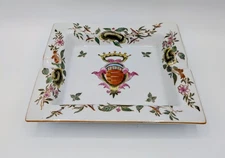 Toleware Style Porcelain Ashtray Floral Crest Design Gold Trim 7x6" Made in...