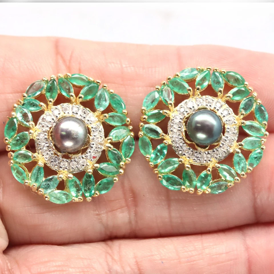 925 Sterlingsilber 6 mm Graue Perle, Grüner Smaragd & Weißer Zirkon Ohrringe - Bild 2 von 4