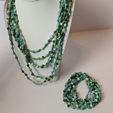 Boho Multi Strand Seed Bead Necklace Bracelet Set Sea Green Aqua Glass 22" NWT