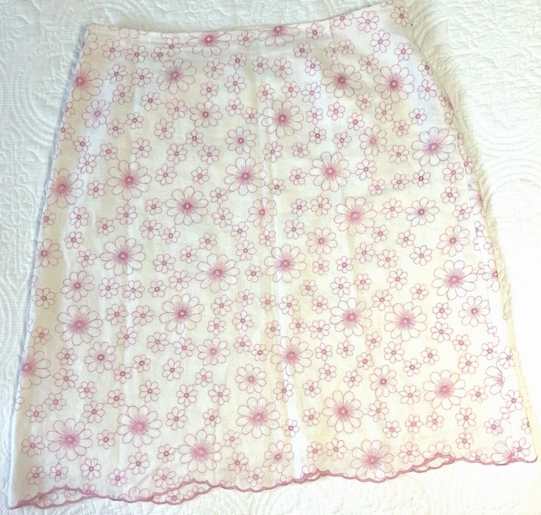 VTG White Linen Skirt Embroidered Pink Flowers SZ 12 Cottage Core 70s