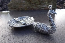 Pewter Peacock Open Salt Dip, Cellar, Dish and Matching Feather Spoon!