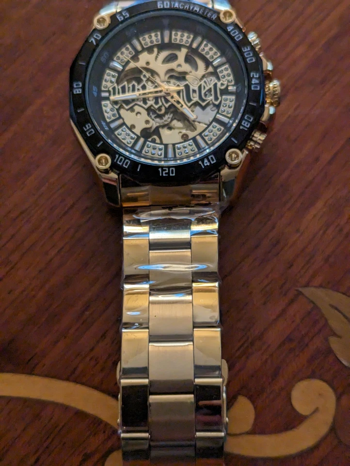 Reloj Automático Hombre GANADOR Tono Dorado Cuerda Automática 41mm Esqueleto Oro Pulsera Foto 3 de 4