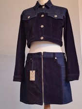 RIVER ISLAND Denim Velour Co Ord Cropped Jacket & Mini Skirt Set UK 12 & Small