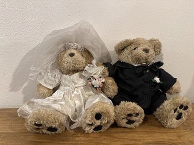 Build-A-Bear 1997 Vintage Bride & Groom Curly Teddy Set w/ Dress, Veil, & Suit