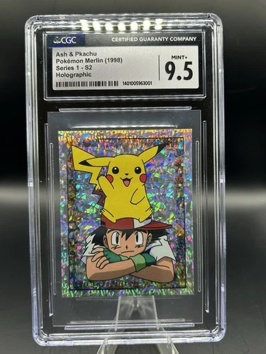 Pokemon Ash & Pikachu Merlin Sticker 1998 Series 1 S2 Holographic Mint+ CGC 9.5