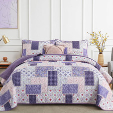Patchwork Quilt Set Queen Size 3 Pieces Purple Floral Plaid Bedspread