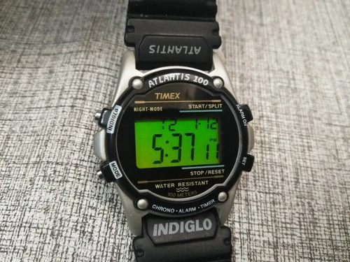 Vtg Timex Atlantis 100 Watch Men 40mm Indiglo Black Silver Tone Black Resin Band