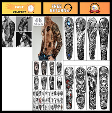 46 Sheets Full Arm Skull Angel Temporary Tattoos - Waterproof Wolf, Lion Mor