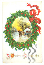 Christmas~Country Father Daughter in Holly Berry Wreath~Red Ribbon~White Back