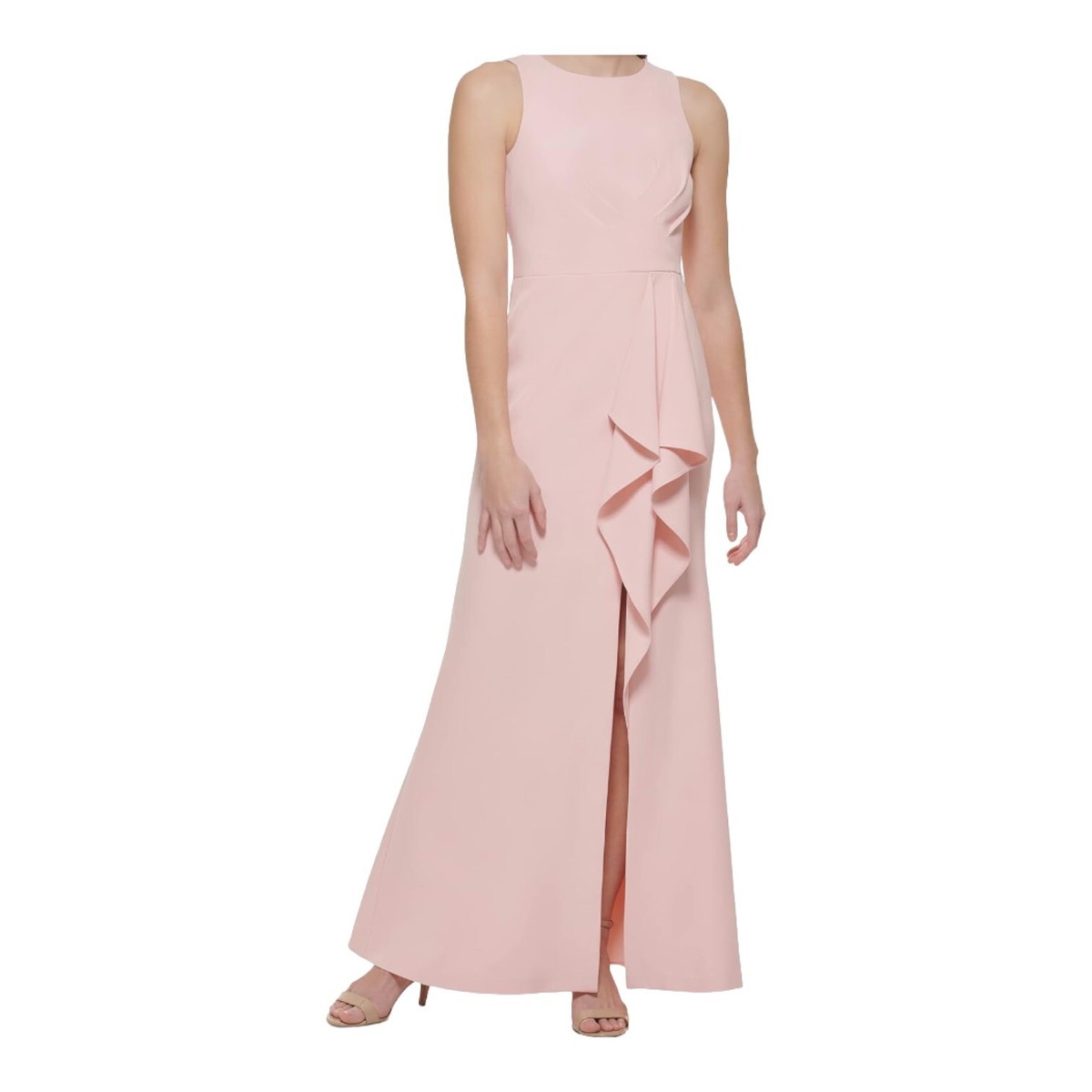 Eliza J Sleeveless Pink Cross Bodice Cascading Ruffle Maxi Gown w