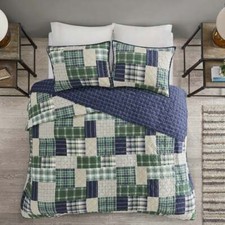 NEW COZY PLAID BLUE NAVY GREEN BEIGE TAN COUNTRY LOG CABIN LODGE QUILT SET
