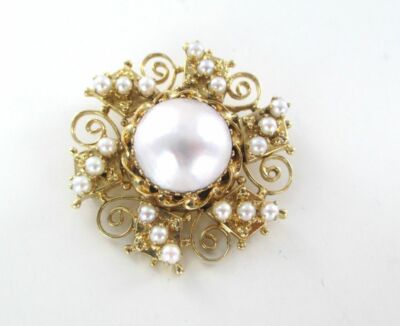 990046030 14K SOLID YELLOW GOLD PENDANT PEARL PIN BROOCH VINTAGE FINE  JEWELRY