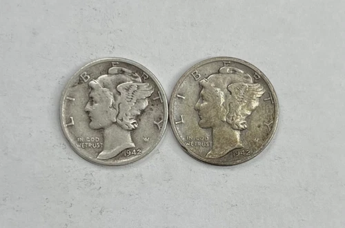 1942 P 1942 D Mercury Silver Dime VF Very Fine - 2 Coin Set