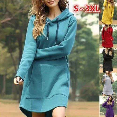 Womens Sweatshirt Hoodie Pullover Dress Pullover Tunic Women Long Solid Color UK - Picture 4 of 18