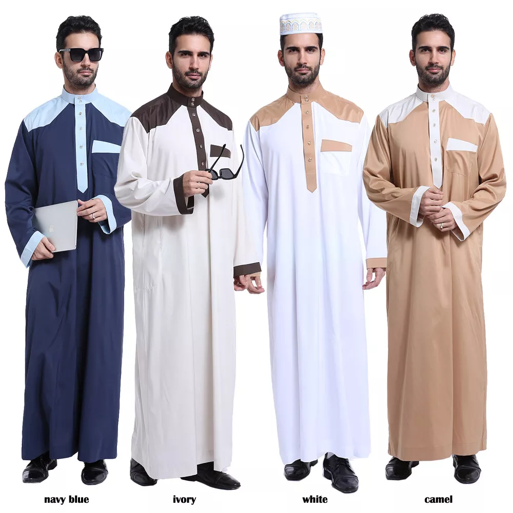 3PC Muslim Men Sets Abaya Robe+turban+Headband O Neck White Islamic Saudi  Arab