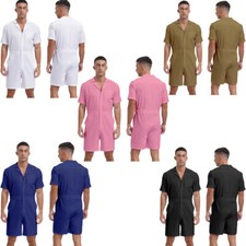Mens Jumpsuit Bodysuit Overalls Short Sleeve Rompers Workout Turn-down Collar
