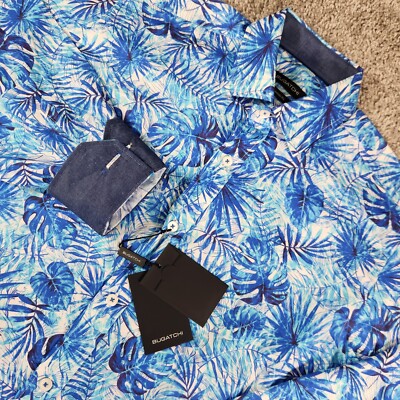 Bugatchi Shirt Mens Small Floral Blue Flip Cuff AOP Spread Classic Fit Cotton