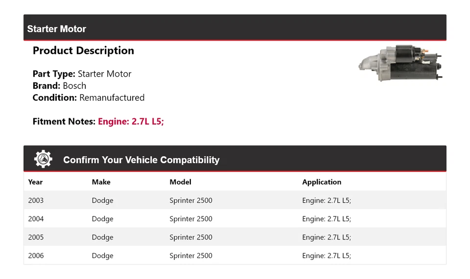 For 2003-2006 Dodge Sprinter 2500 2.7L L5 Bosch Starter (Remanufactured) 2004 - Image 2 of 4