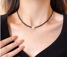 Natural 3mm Black Spinel Beads White freshwater pearl necklace 18"AAA