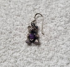 925 Sterling Teddy Bear w/ Purple heart stone Dangling Earring 1 (Single)