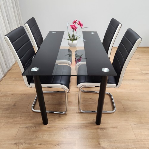 Dining Table Set of 4 Black Clear Table and 4 Faux Leather Padded Chrome Chairs - Picture 4 of 20