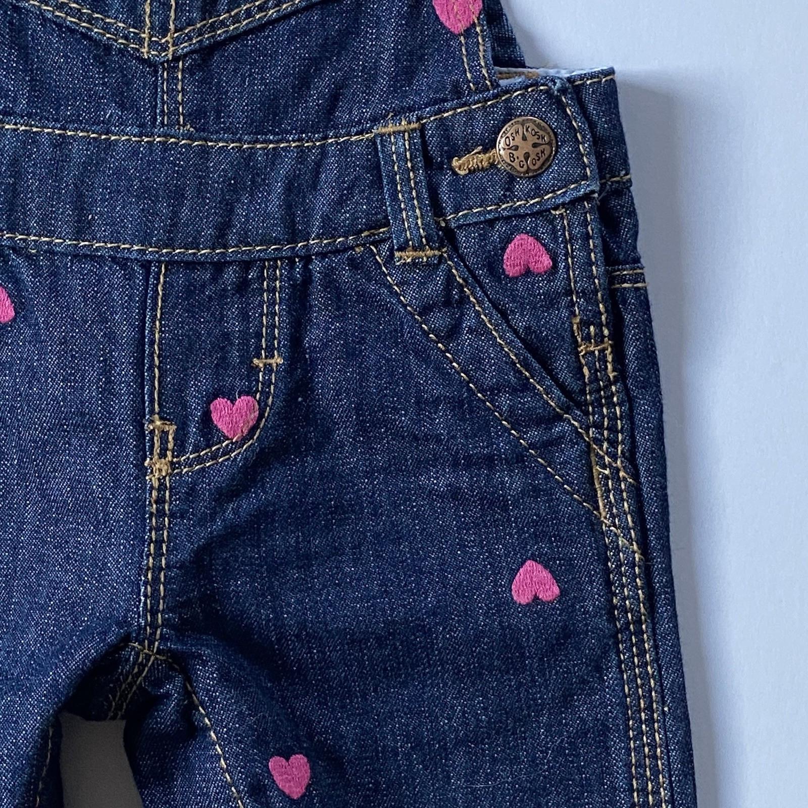 OshKosh B’Gosh Overalls Size 6 Months Pink Hearts Jeans EUC Baby Girls Osh Kosh