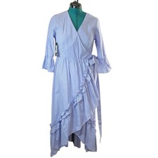 Who What Wear Striped Wrap Dress Blue White Ruffle Hem Midi Dress S