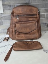 Brown Faux Leather Backpack Purse Convertible Chic Roomy Pockets Zip Closure NEW